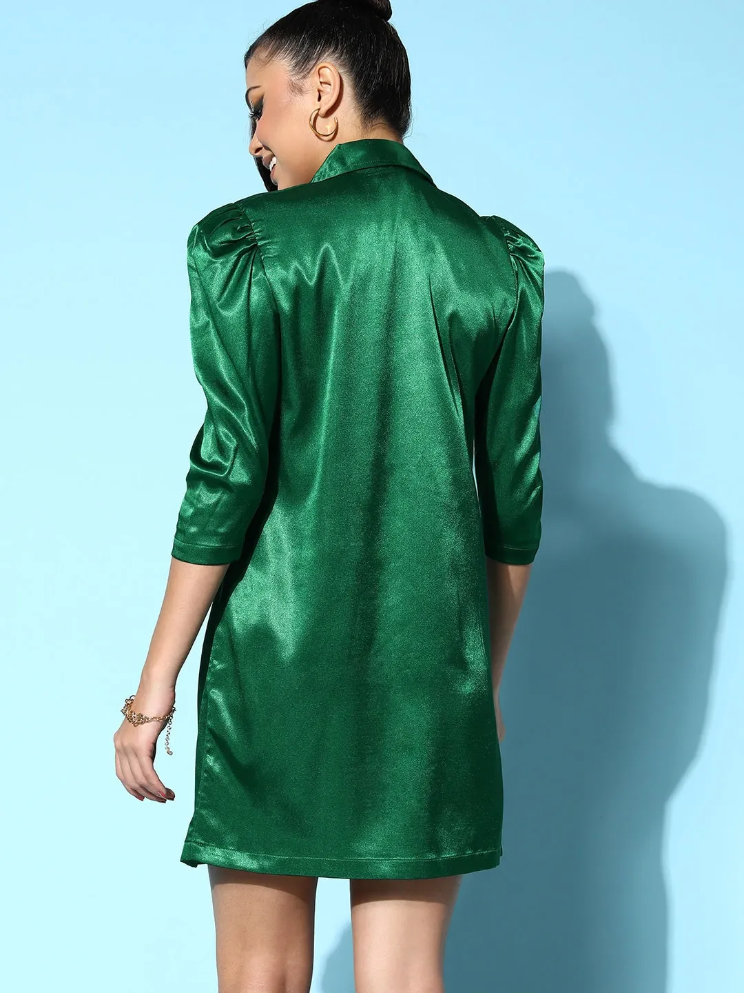 Women Green Lycra Satin Blazer Dress