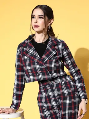 Women Navy Flannel Check Crop Blazer