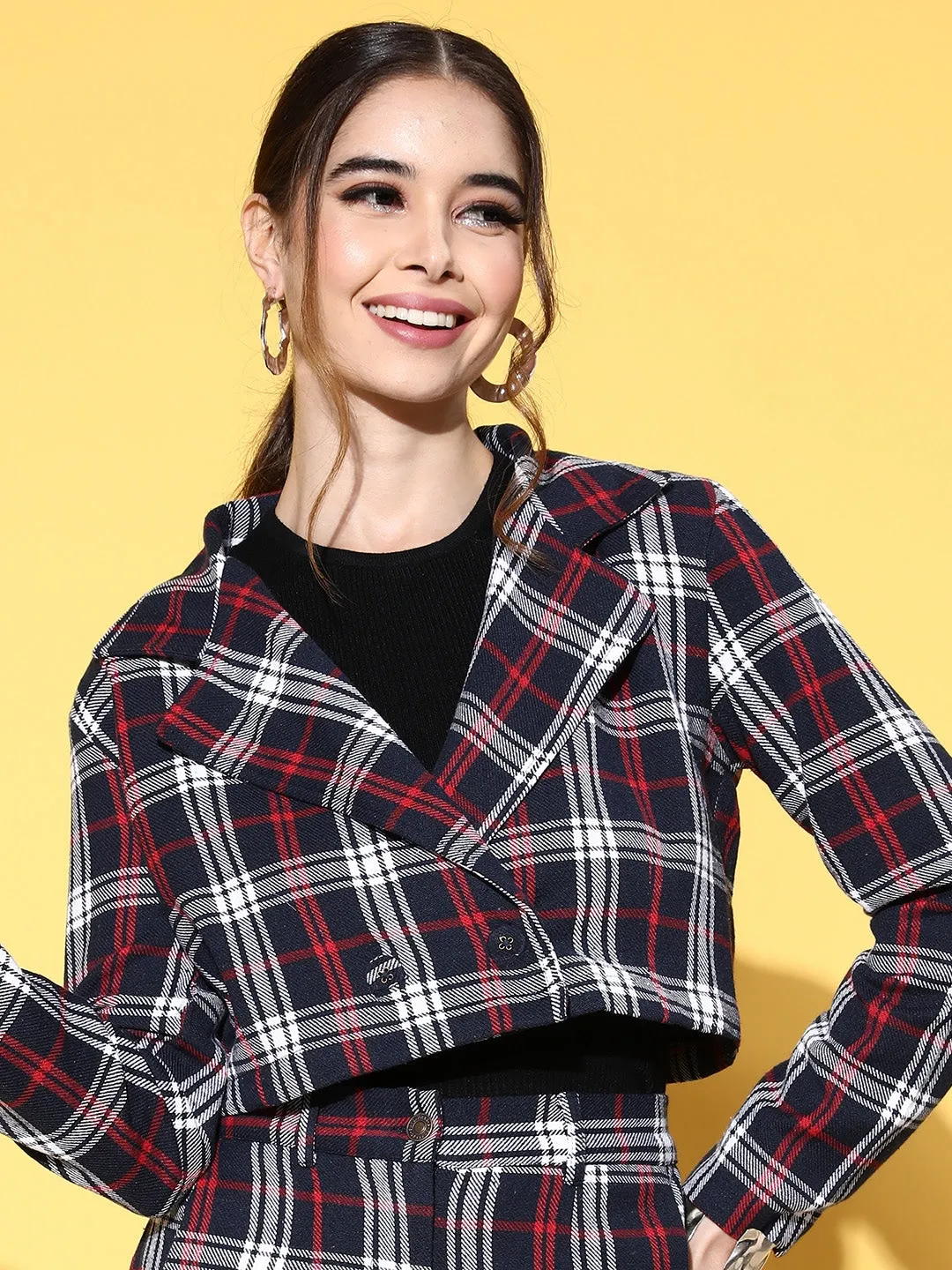 Women Navy Flannel Check Crop Blazer