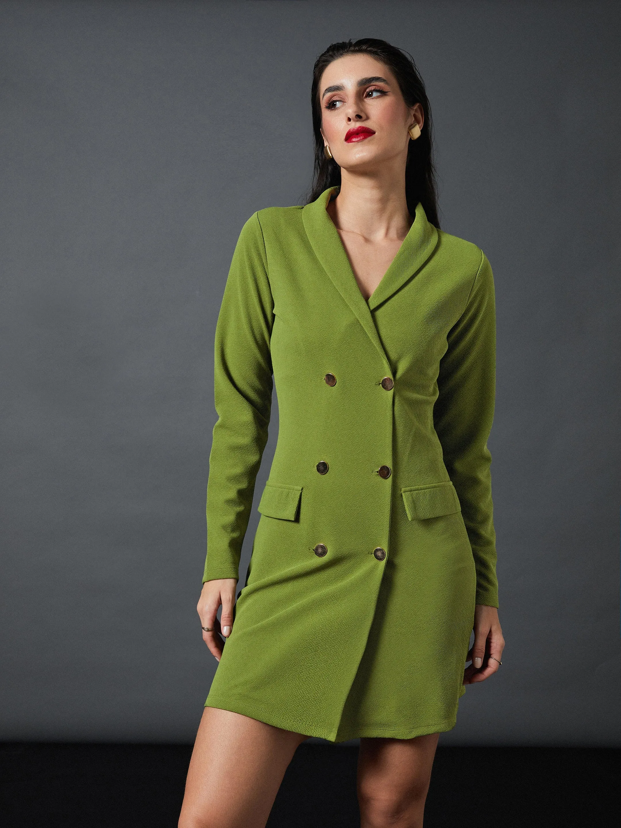 Women Olive Double Breasted Blazer Dress