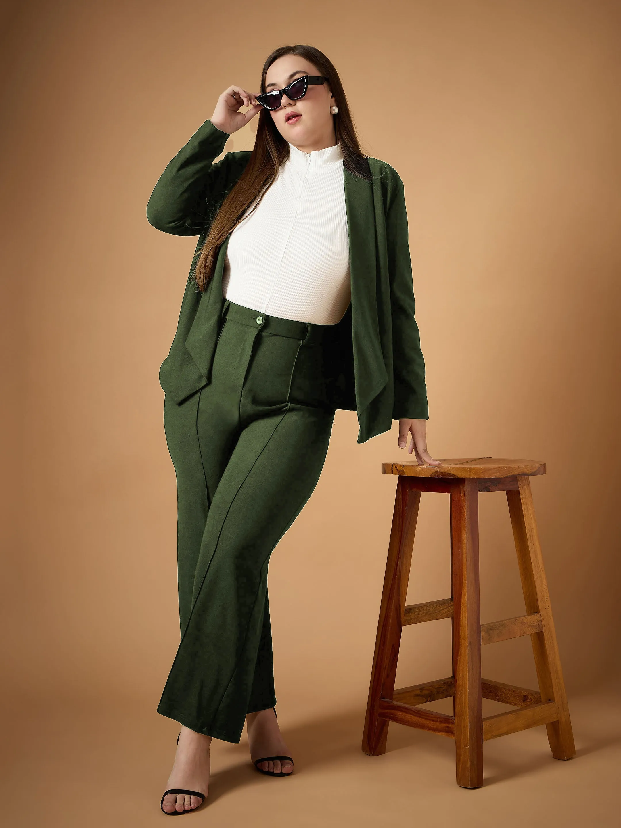 Women Olive Solid Shawl Collar Blazer With Straight Pants