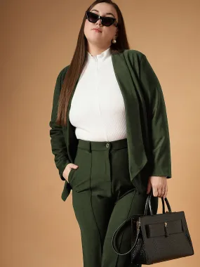 Women Olive Solid Shawl Collar Blazer With Straight Pants