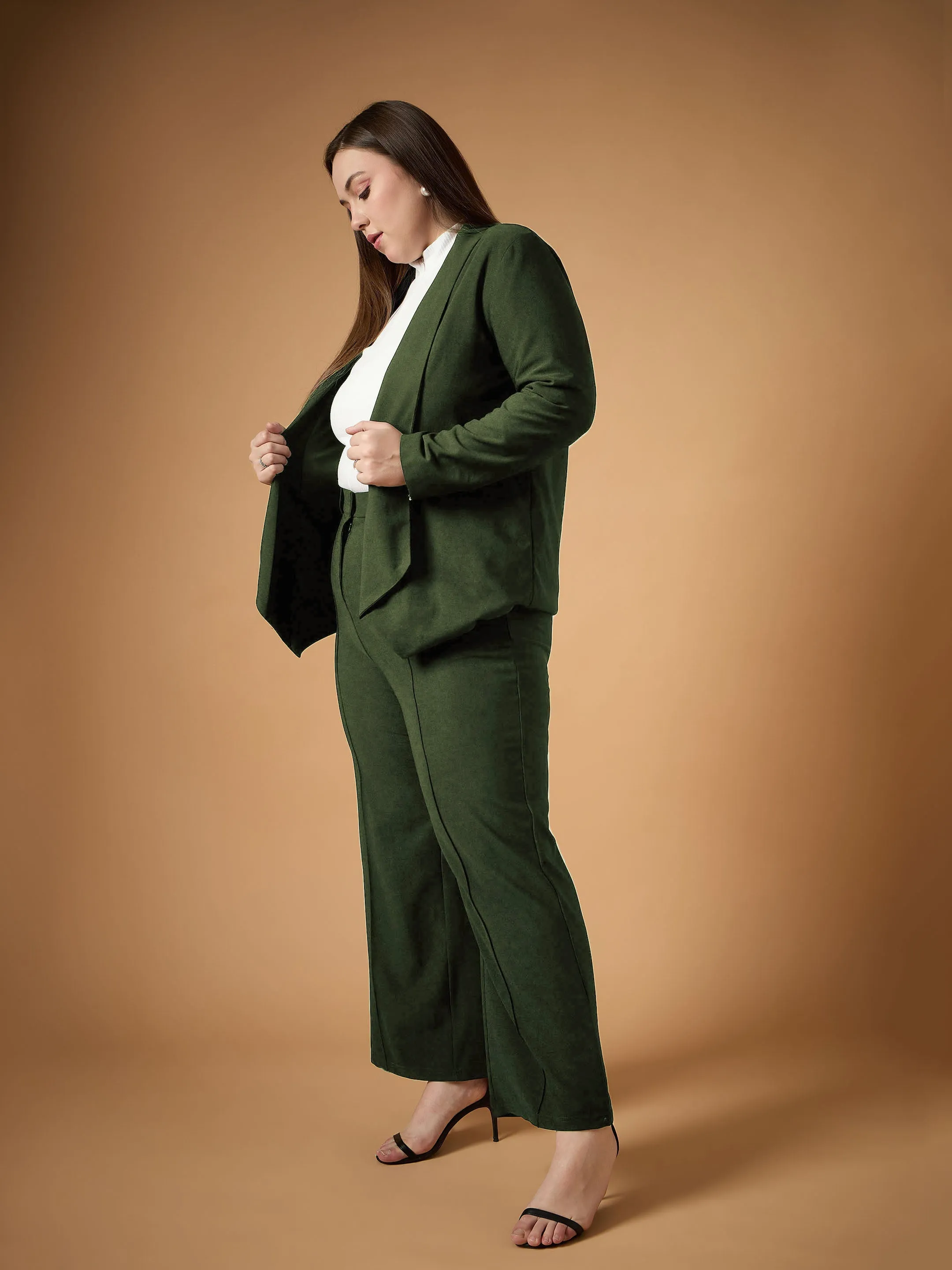 Women Olive Solid Shawl Collar Blazer With Straight Pants