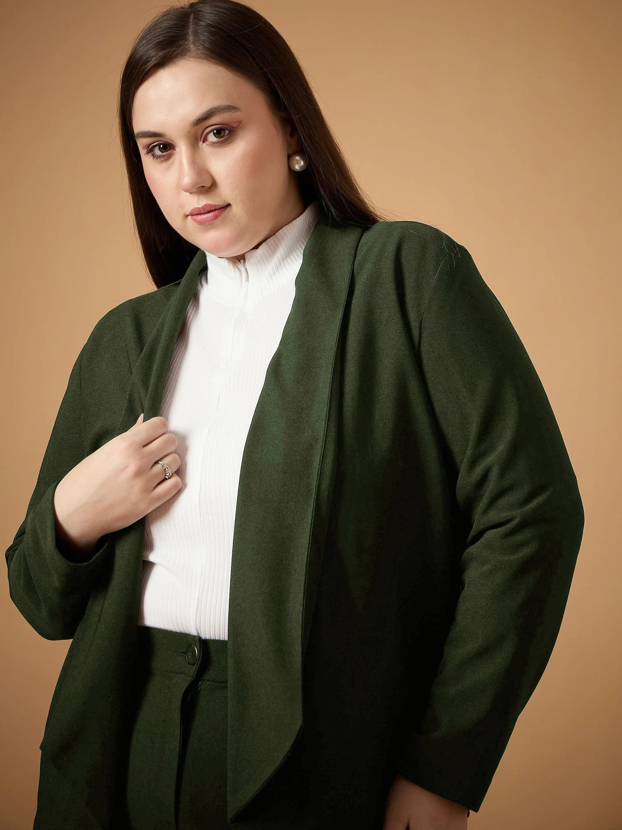 Women Olive Solid Shawl Collar Blazer With Straight Pants