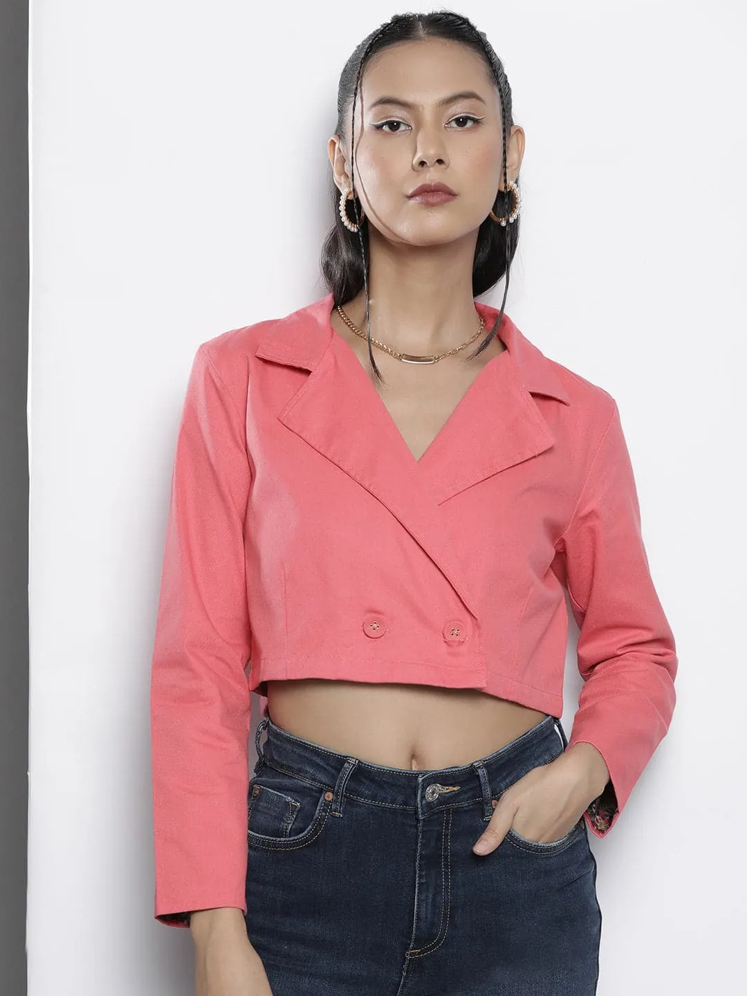 Women Pink Twill Crop Blazer