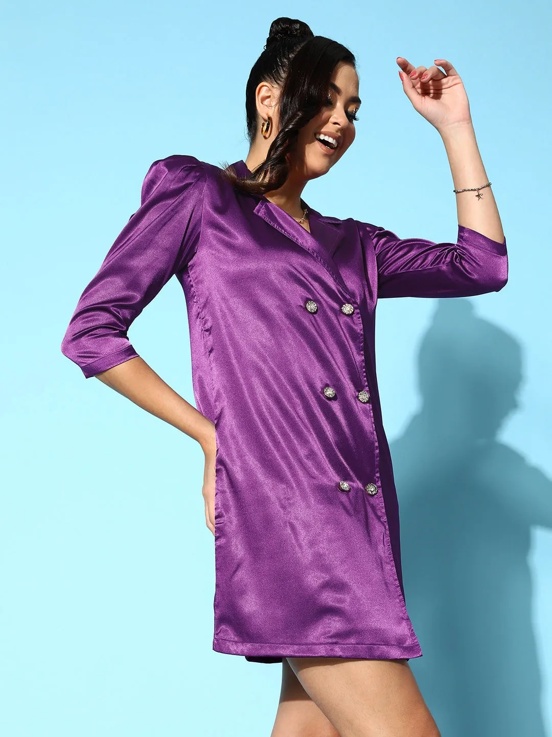 Women Purple Lycra Satin Blazer Dress