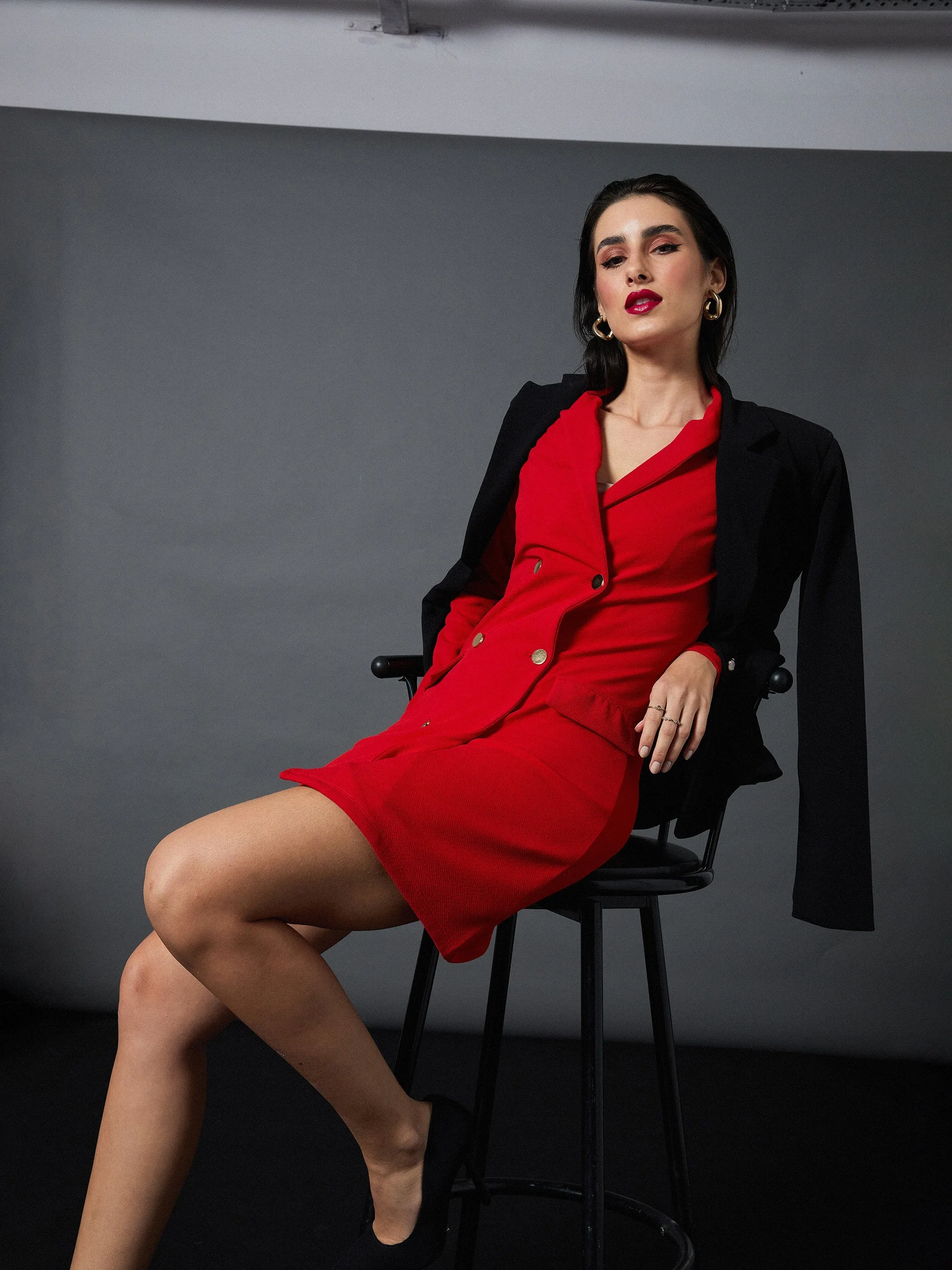 Women Red Double Breasted Blazer Dress