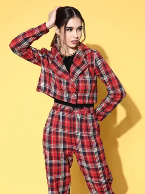 Women Red Flannel Check Crop Blazer