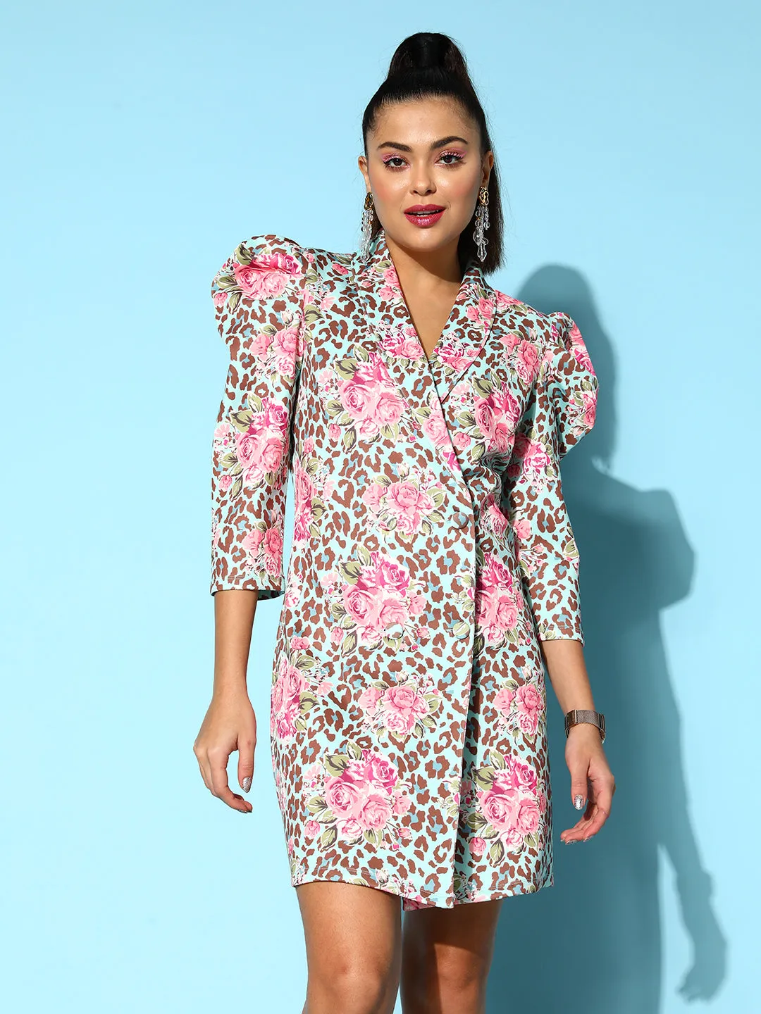 Women Turquoise Floral Printed Scuba Blazer Dress