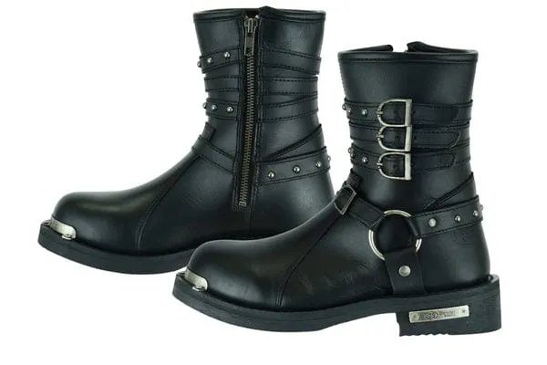 Women's 9 Inch Black Leather Triple Buckle Motorcycle Harness Boots