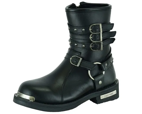 Women's 9 Inch Black Leather Triple Buckle Motorcycle Harness Boots