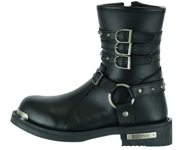 Women's 9 Inch Black Leather Triple Buckle Motorcycle Harness Boots