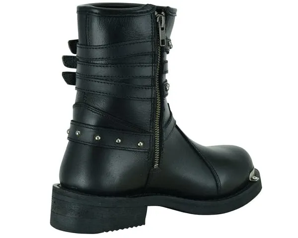 Women's 9 Inch Black Leather Triple Buckle Motorcycle Harness Boots