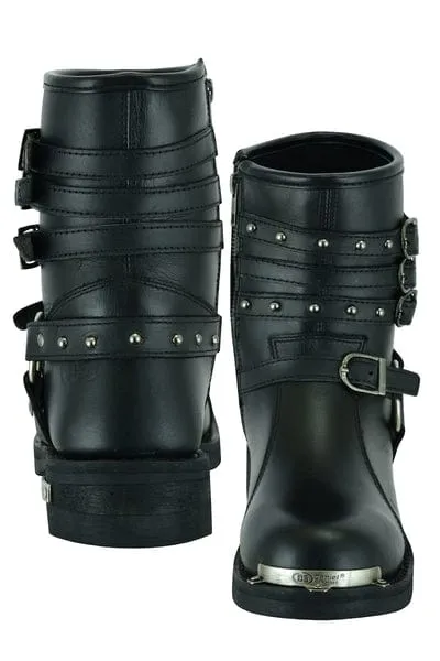 Women's 9 Inch Black Leather Triple Buckle Motorcycle Harness Boots