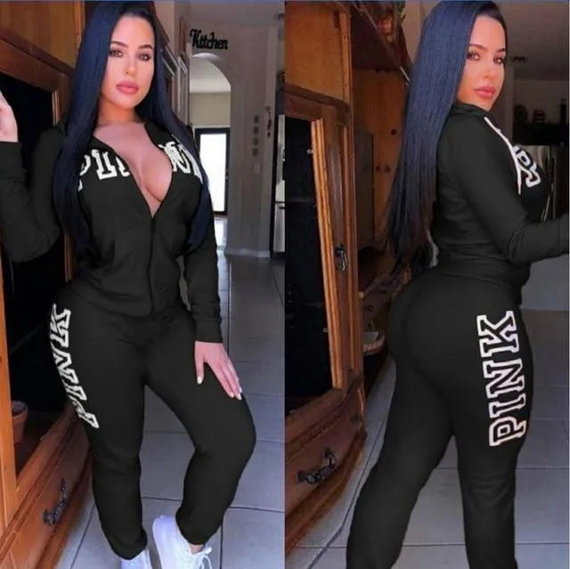 Women's Casual Spring Letter Pink Print Tracksuit Plus Size Outfits