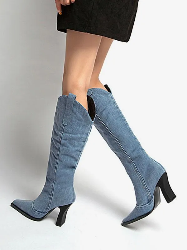 Women's Western Boots Canvas Stiletto Heel Knee-High Boots