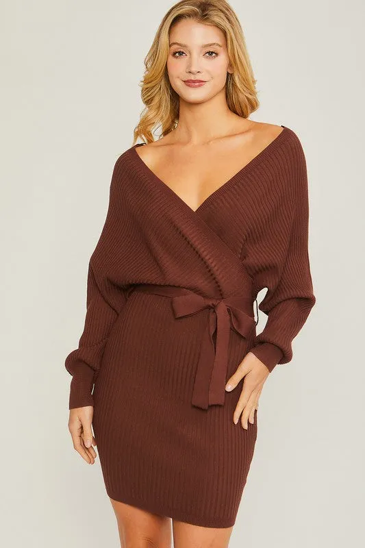 Wrap Belted Ribbed Knit Dress