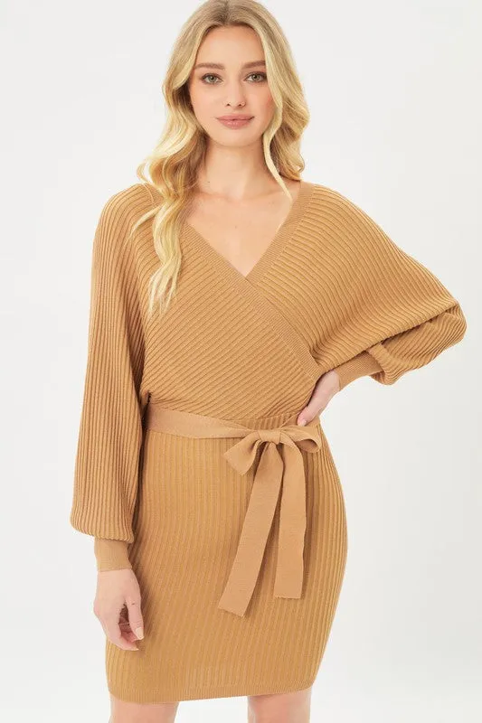 Wrap Belted Ribbed Knit Dress