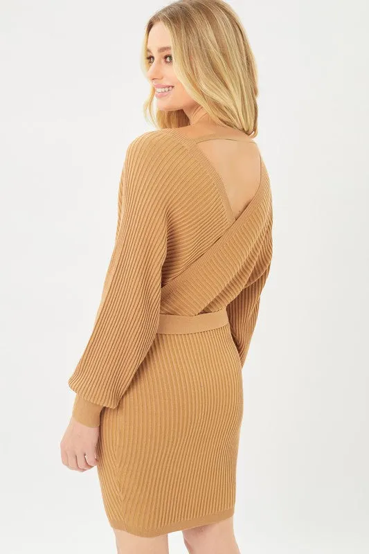 Wrap Belted Ribbed Knit Dress