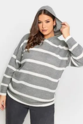 YOURS Curve Grey Striped Hooded Jumper