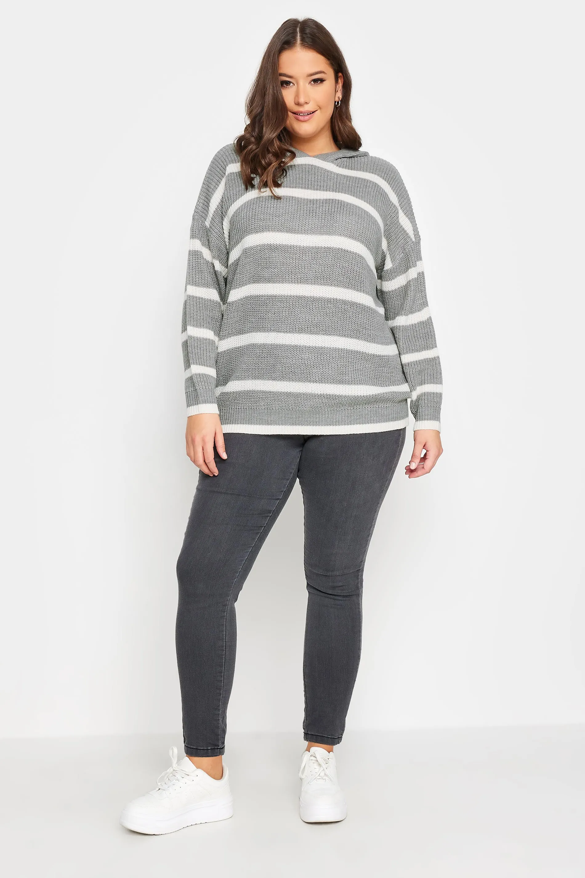 YOURS Curve Grey Striped Hooded Jumper