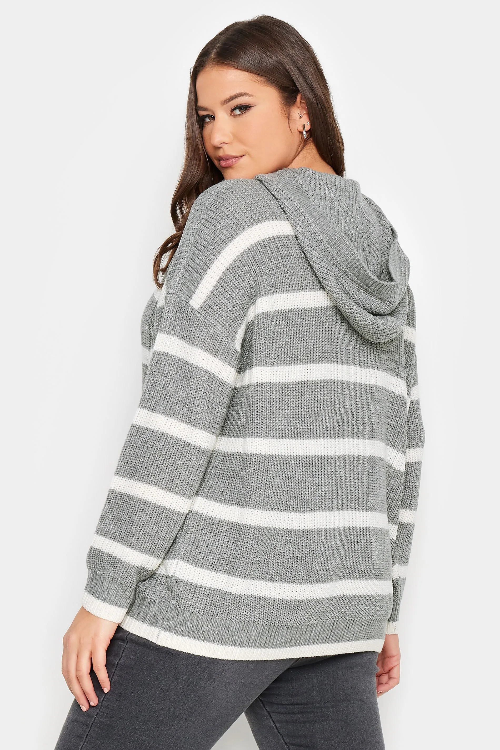 YOURS Curve Grey Striped Hooded Jumper