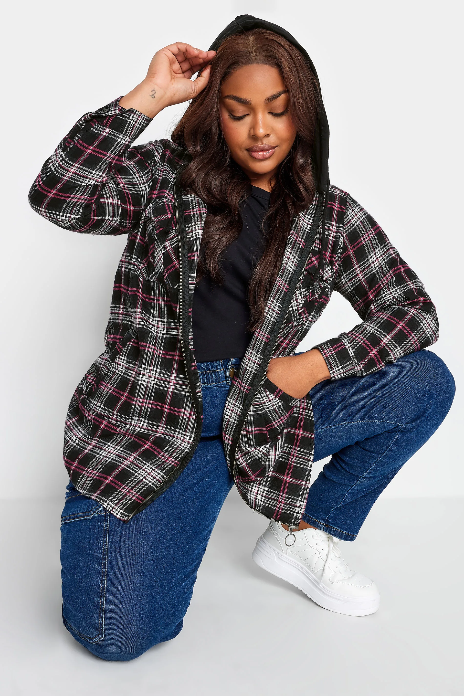 YOURS Curve Pink Check Print Hooded Shirt