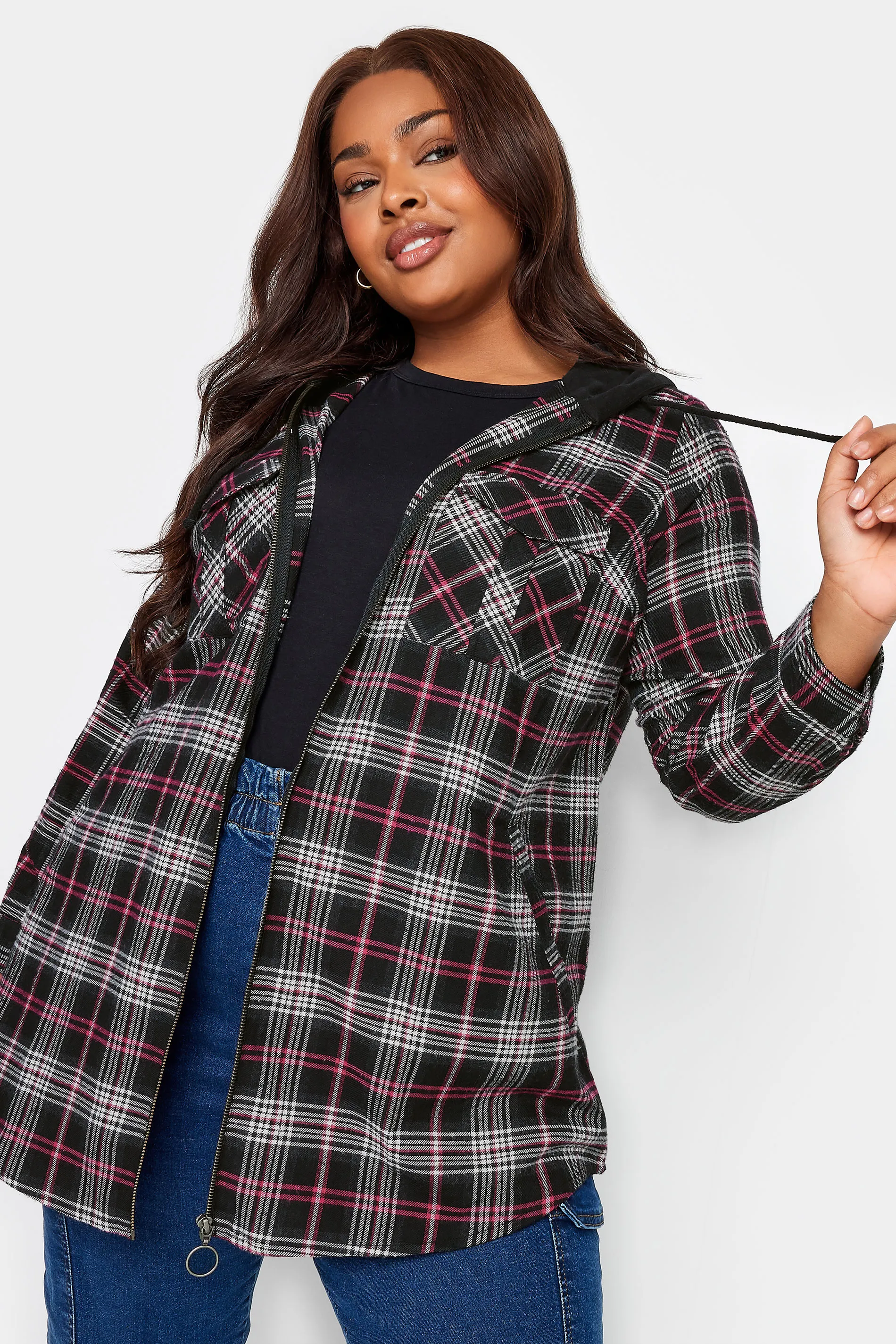 YOURS Curve Pink Check Print Hooded Shirt