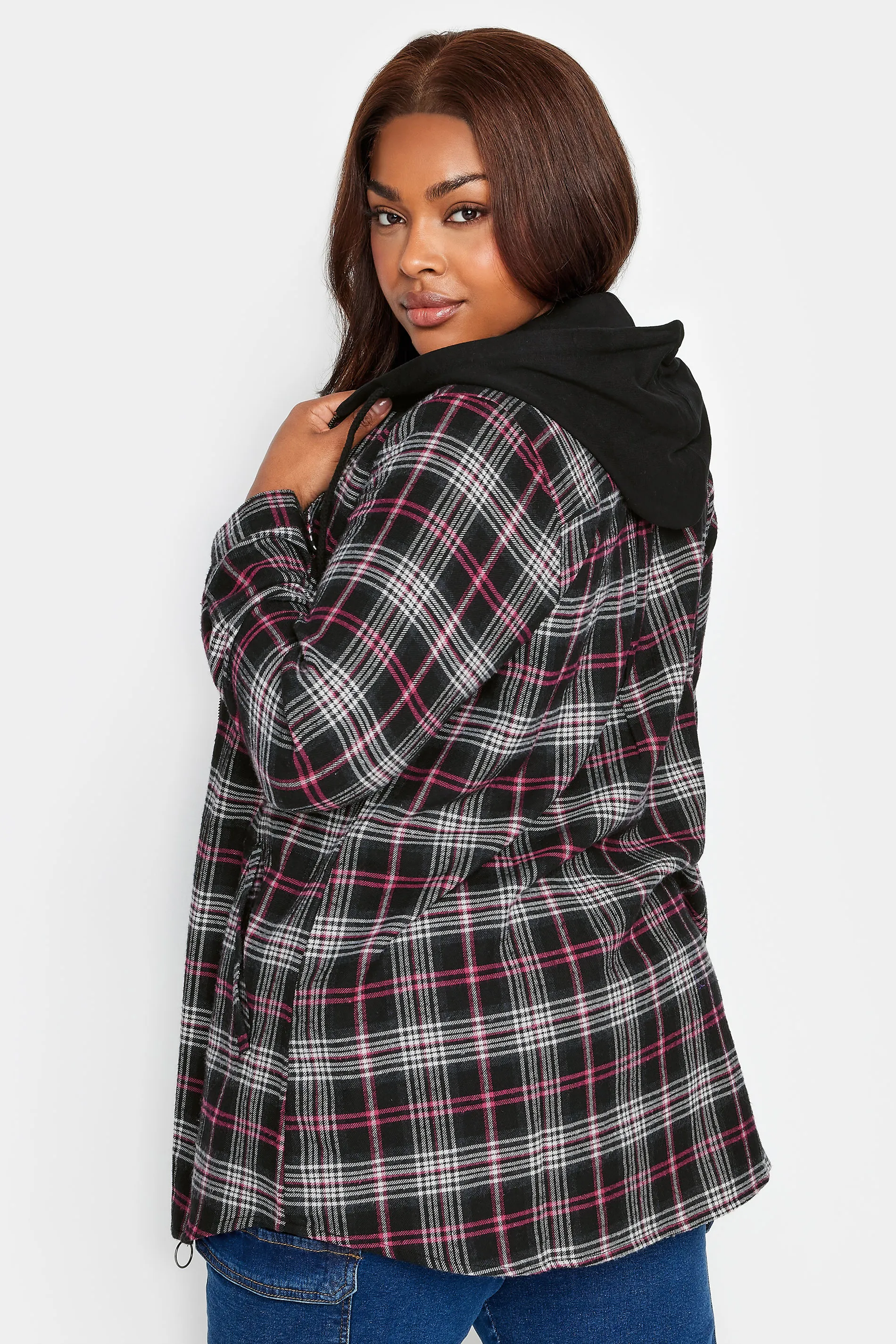 YOURS Curve Pink Check Print Hooded Shirt