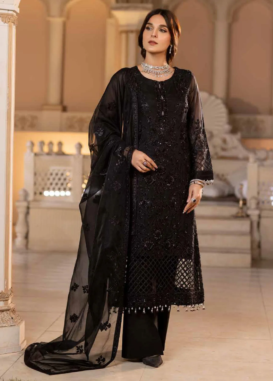 Zarsha By Fashion City Luxury Chiffon Unstitched 3 Piece Suit - FC24Z LCZ-308 CHARCOAL BLACK