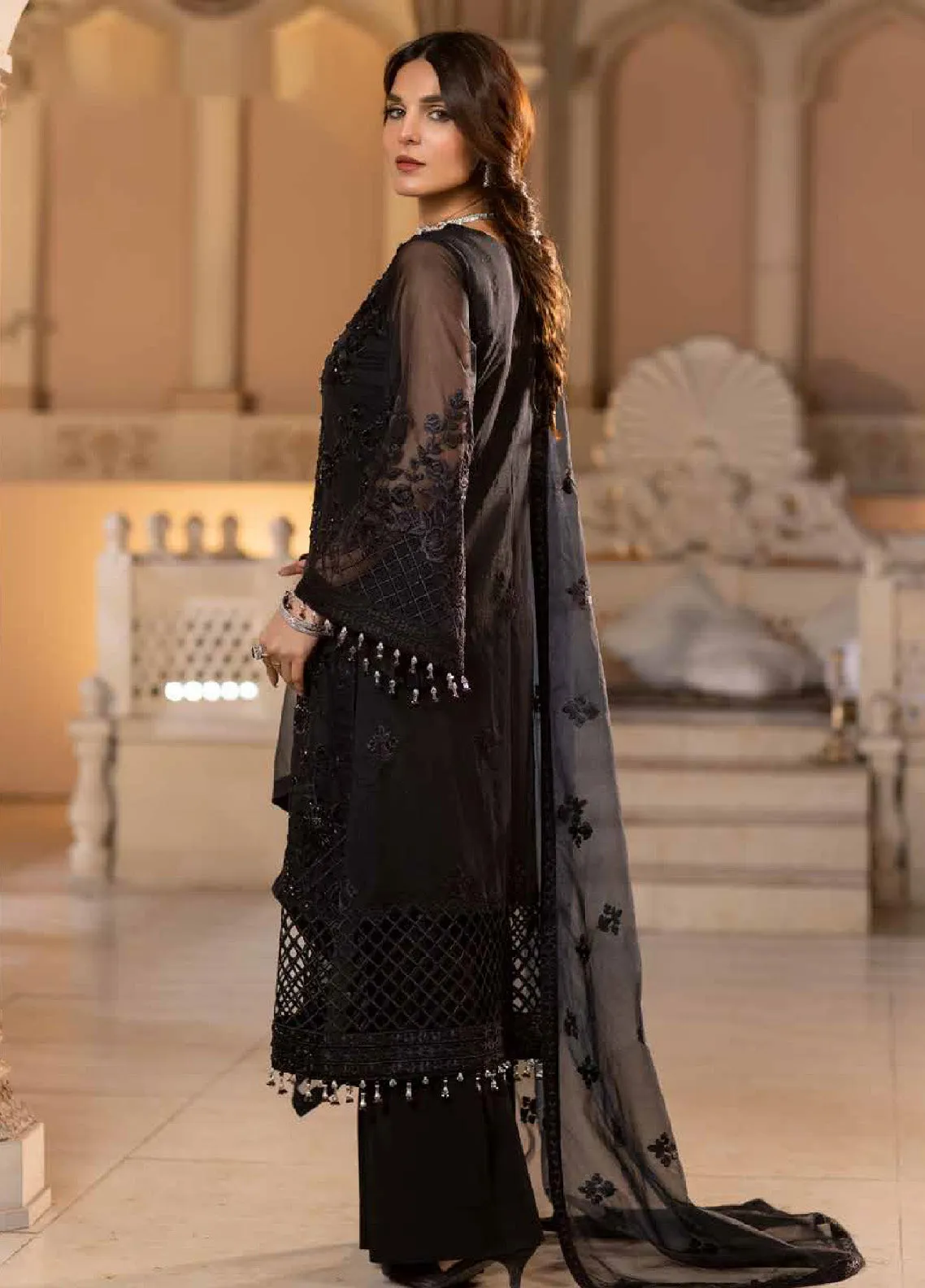 Zarsha By Fashion City Luxury Chiffon Unstitched 3 Piece Suit - FC24Z LCZ-308 CHARCOAL BLACK